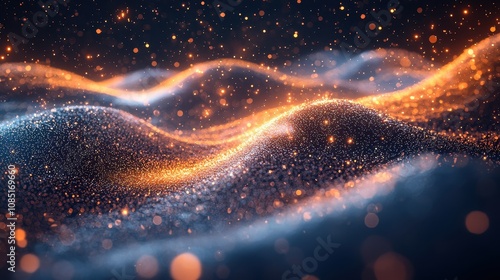 Fototapeta Naklejka Na Ścianę i Meble -  A dynamic space station with glowing waves of light flowing through its corridors. Abstract shapes and particles create a sense of motion and energy in the cosmic setting. A futuristic vision 