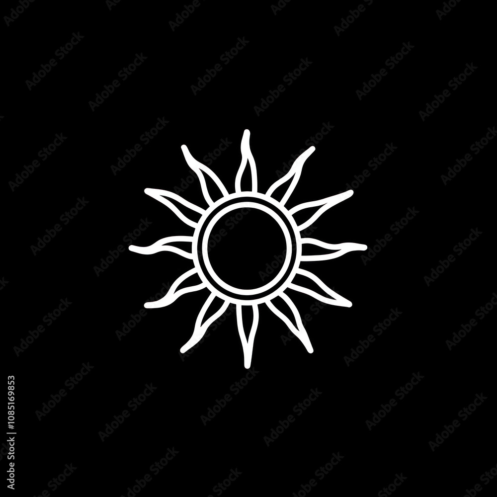 Black and white sun icon against a clear blue sky, centered and bold. Black and white sun icon against a clear blue sky, centered and bold.
