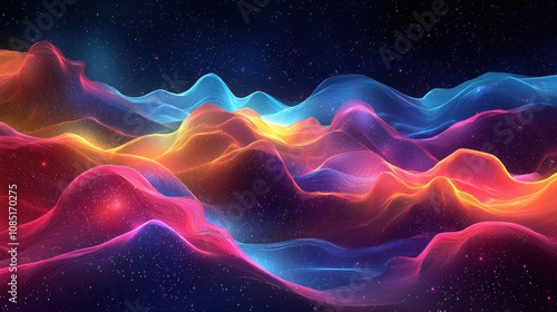 Gradient glowing waves ripple across a cosmic landscape filled with vibrant nebulae and distant stars. The abstract shapes add motion and depth to the infinite celestial scene. A breathtaking 