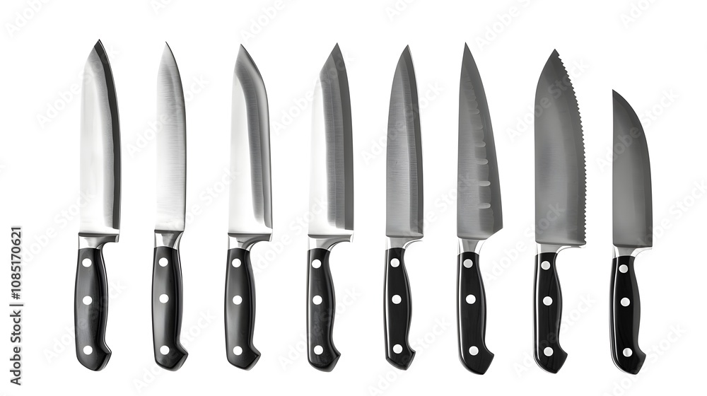 Professional Chef's Knives Set on White Background Professional Chef's Knives Set on White Background
