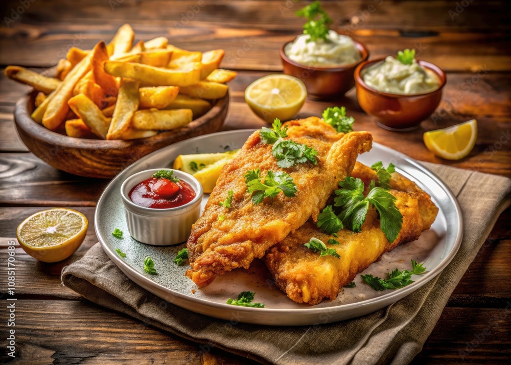 Mouthwatering Fish and Chips with Tartar Sauce and Ketchup for a Hearty Meal Mouthwatering Fish and Chips with Tartar Sauce and Ketchup for a Hearty Meal