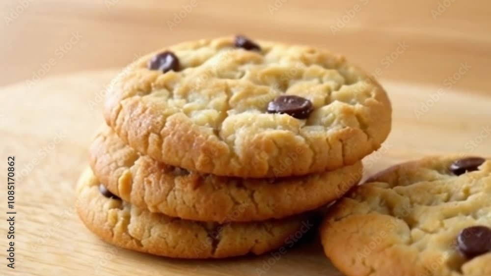 4K Close-Up of a Stack of Freshly Baked Chocolate Chip Cookies with Warm Lighting and Crispy Edges 4K Close-Up of a Stack of Freshly Baked Chocolate Chip Cookies with Warm Lighting and Crispy Edges