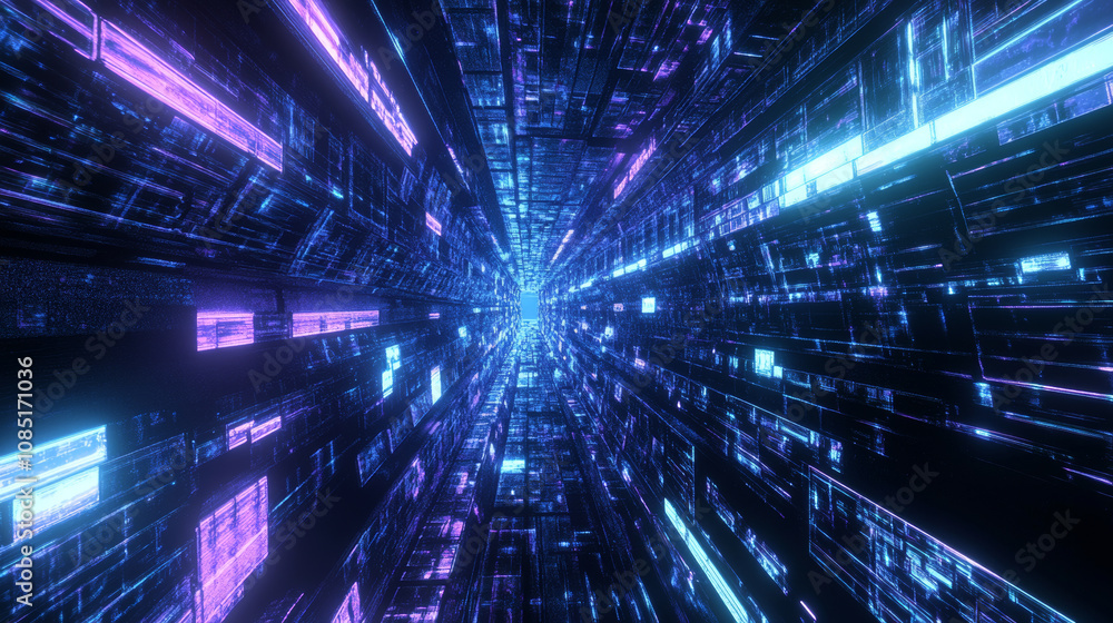 3D abstract neon light trail technology virtual reality corridor tunnel background. cyberpunk futuristic fashion vibrant line and shape geometric blue purple glow glossy club bar concert wallpaper 3D abstract neon light trail technology virtual reality corridor tunnel background. cyberpunk futuristic fashion vibrant line and shape geometric blue purple glow glossy club bar concert wallpaper