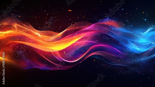 Abstract glowing ribbons in vibrant gradients twist and flow through a high-tech laboratory. Digital particles enhance the futuristic atmosphere, reflecting innovation. A bold depiction of technologic