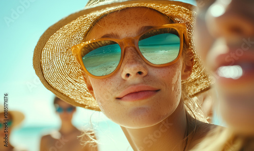 portrait of a freckle's woman in a hat and sunglasses on the beach already applying sunscreen  photo