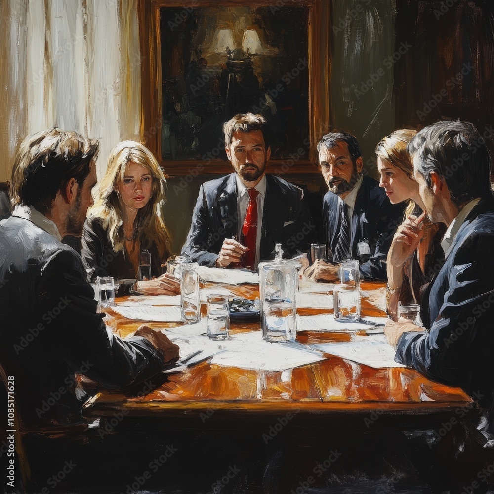 A focused business meeting around an elegant table, showcasing collaboration and professionalism among diverse individuals.