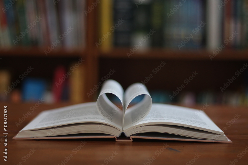 Love of books, reading. An open book with folded pages of books in the shape of a heart. Knowledge Day, Teacher's Day. Library. Reading books. Love of books, reading. An open book with folded pages of books in the shape of a heart. Knowledge Day, Teacher's Day. Library. Reading books.