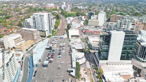 Aerial drone shot of above Hurstville Central and car park at Hurstville cbd in Southern Sydney NSW, Australia in November 2024