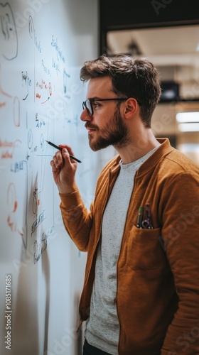 A focused man brainstorming ideas on a whiteboard, using a marker to illustrate concepts in a creative workspace. photo