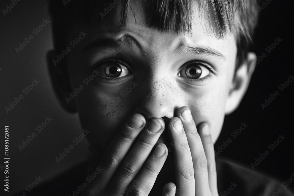 A Moment of Fear: A Black and White Portrait of a Surprised Child A Moment of Fear: A Black and White Portrait of a Surprised Child