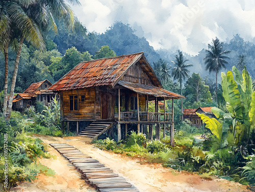 a rural village nestled in a tropical landscape, featuring traditional wooden houses, palm trees, and a dirt road.