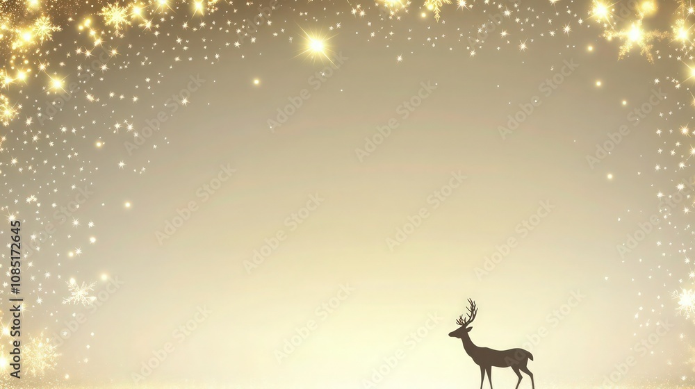 Fototapeta premium A modern Christmas background with golden glittering stars and a small deer silhouette standing gracefully at the bottom corner. The border glows softly with tiny lights.
