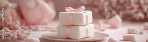 Marshmallows wrapped like gifts, with a decorated table background, simple background