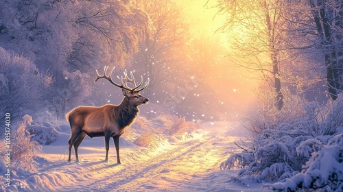 Majestic deer standing in snowy winter landscape nature photography tranquil environment sunrise glow wildlife scene photo