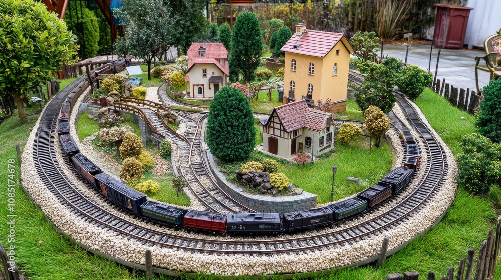 Neatly placed model train set in a quiet backyard, train tracks and model buildings carefully arranged, Model hobbyist style