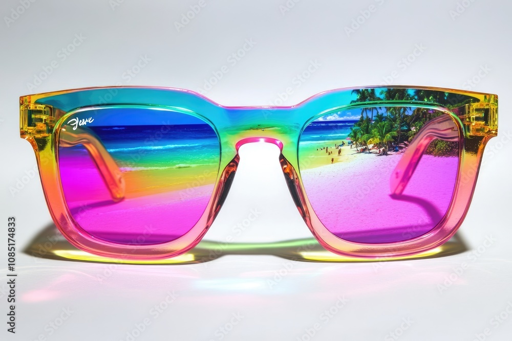 Retro sunglasses with reflective rainbow lenses showing a beach scene, framed in bright colors Retro sunglasses with reflective rainbow lenses showing a beach scene, framed in bright colors