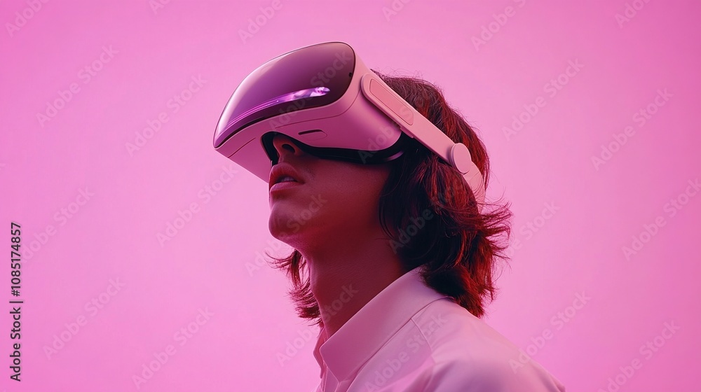A person wearing a VR headset against a pink background, immersed in virtual reality. A person wearing a VR headset against a pink background, immersed in virtual reality.