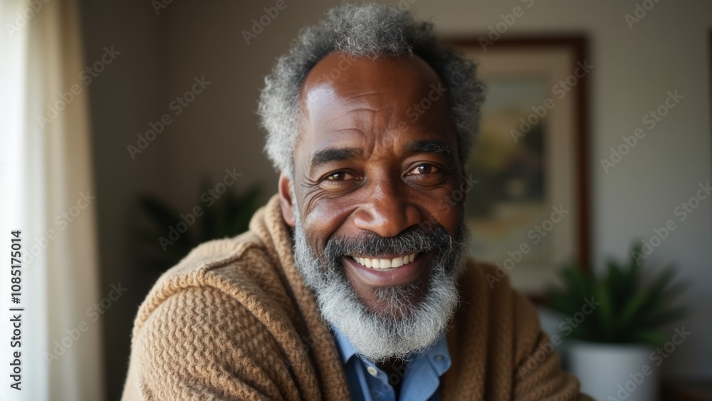 An elderly black afro man with a cheerful smile, featuring a grey beard and curly hair, relaxes indoors surrounded by green plants in a warm, inviting atmosphere during the day An elderly black afro man with a cheerful smile, featuring a grey beard and curly hair, relaxes indoors surrounded by green plants in a warm, inviting atmosphere during the day