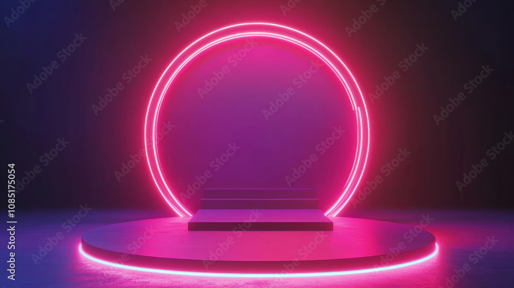 3D render abstract neon light empty circular podium stage arch technology virtual reality mockup background. cyberpunk futuristic fashion line and curve geometric colorful rainbow glow wallpaper 3D render abstract neon light empty circular podium stage arch technology virtual reality mockup background. cyberpunk futuristic fashion line and curve geometric colorful rainbow glow wallpaper
