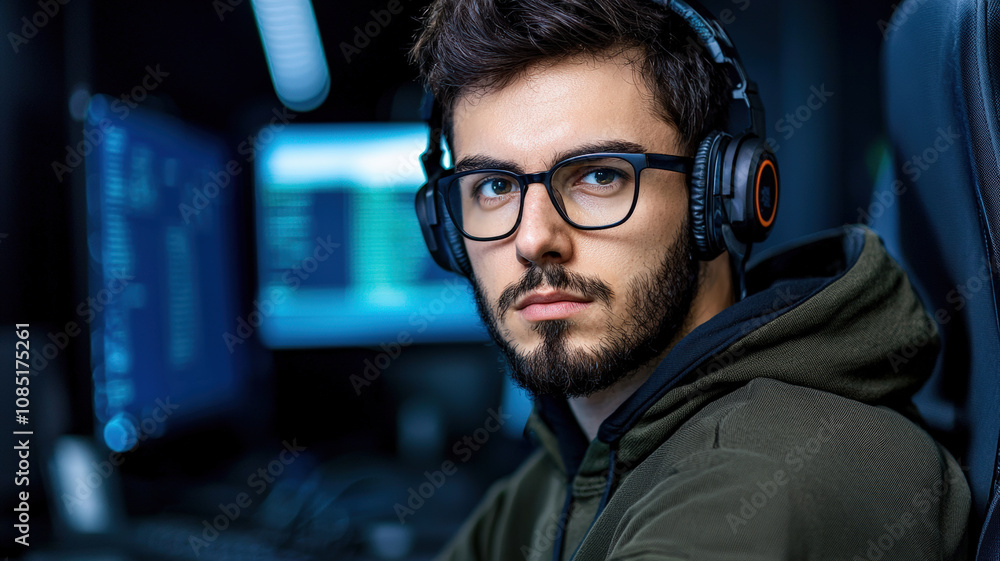 A focused young man wearing glasses and headphones, immersed in a gaming environment with computer screens glowing in the background. A focused young man wearing glasses and headphones, immersed in a gaming environment with computer screens glowing in the background.