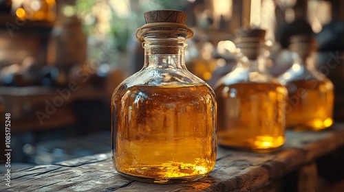 Wallpaper Mural A close-up of glass bottles filled with golden liquid, set against a rustic backdrop, conveying an artisanal, vintage aesthetic. Torontodigital.ca