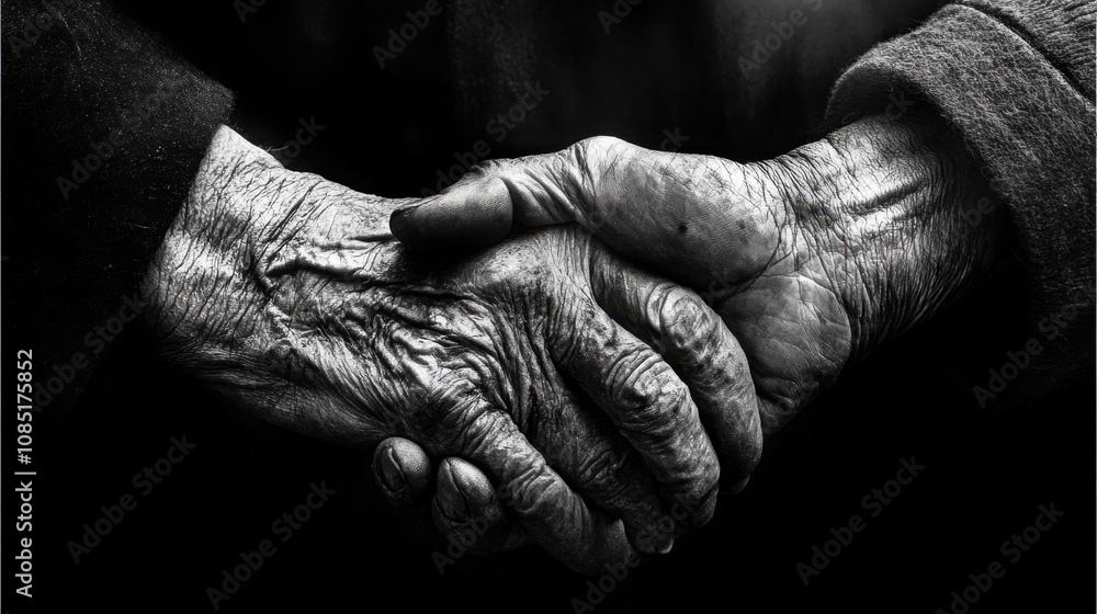 Fototapeta premium Elderly couple holding hands, with deep facial lines showing the beauty of age and shared life