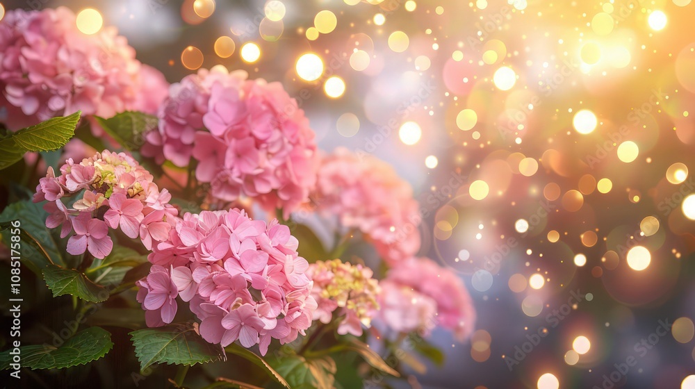 A spring garden event flyer background featuring soft bokeh lights with lush pink hydrangeas in full bloom, providing a warm and welcoming atmosphere. A spring garden event flyer background featuring soft bokeh lights with lush pink hydrangeas in full bloom, providing a warm and welcoming atmosphere.