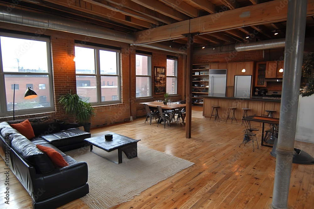 Modern loft interior with wooden floors and open space design. Modern loft interior with wooden floors and open space design.