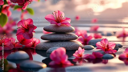 Zen Garden: Pink Flowers and Stacked Stones at Sunset