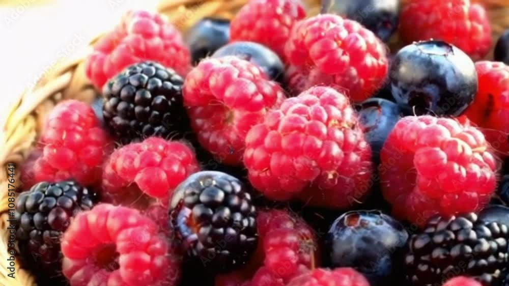 4K Ultra-Close-Up of Fresh Mixed Berries in a Basket with Morning Sunlight 4K Ultra-Close-Up of Fresh Mixed Berries in a Basket with Morning Sunlight
