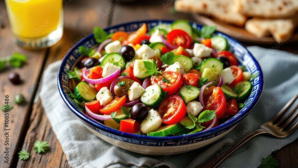 Traditional Greek Salad with Feta, Olives, and Fresh Vegetables Traditional Greek Salad with Feta, Olives, and Fresh Vegetables