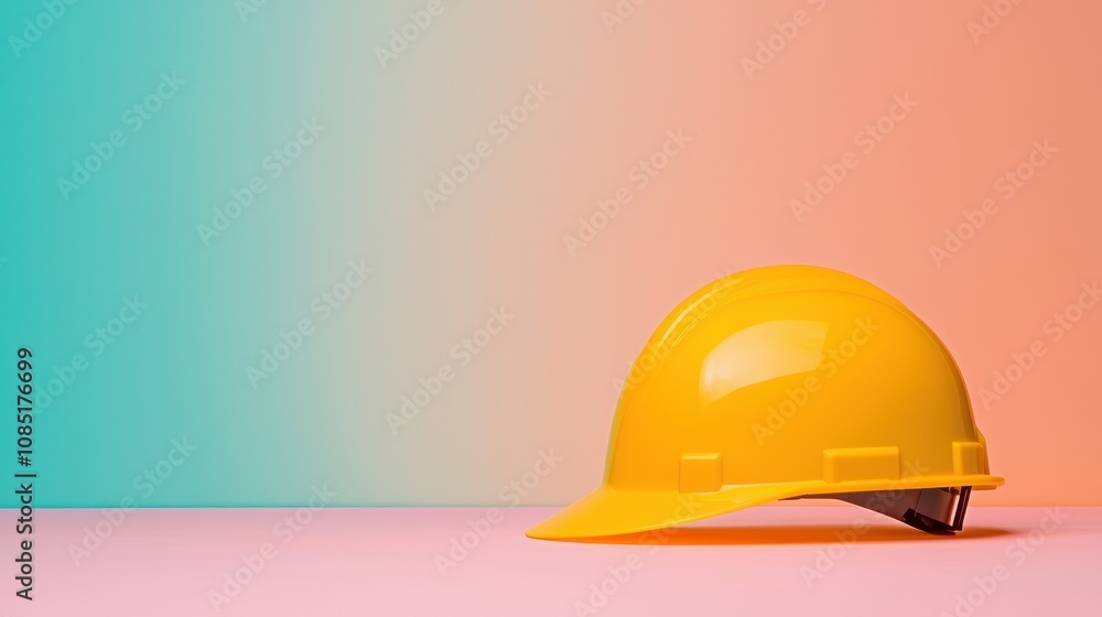 Yellow Hard Hat Safety Helmet on Pink and Teal Background Yellow Hard Hat Safety Helmet on Pink and Teal Background