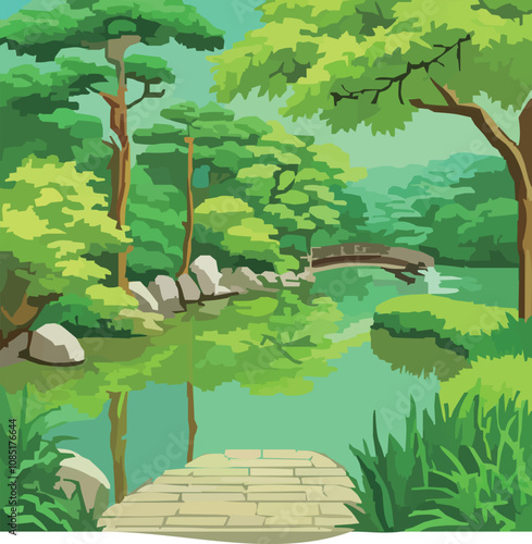 Japanese Garden with Pond and Lush Green Trees Illustration