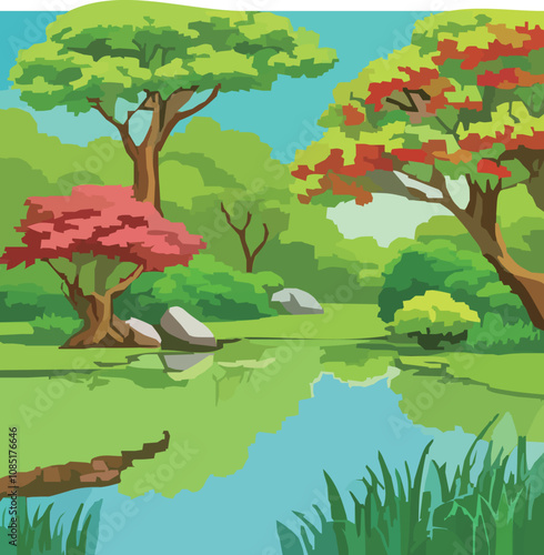 Japanese Garden with Red Maple Trees and Pond Autumn Illustration