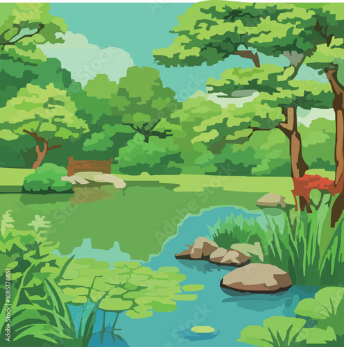 Lush Green Forest with Meadow and Blue Sky Landscape Illustration
