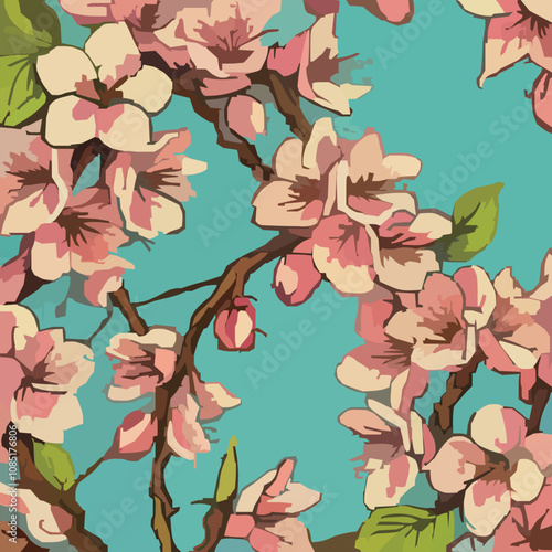 桜と緑の葉と青い背景のベクターイラスト