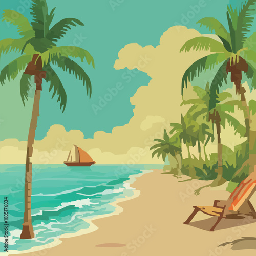 Tropical Beach with Palm Trees and Calm Ocean Landscape Illustration