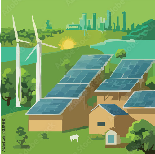 水辺の自然と調和する再生可能エネルギー施設と遠くの都市