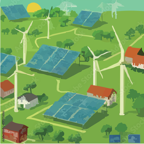 丘陵地帯に広がる風力発電ファームとソーラーパネル のベクターイラスト