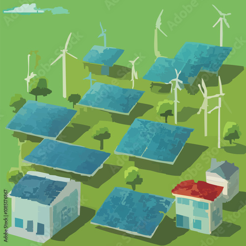 緑地に整然と並ぶメガソーラー発電所と風力タービン のベクターイラスト