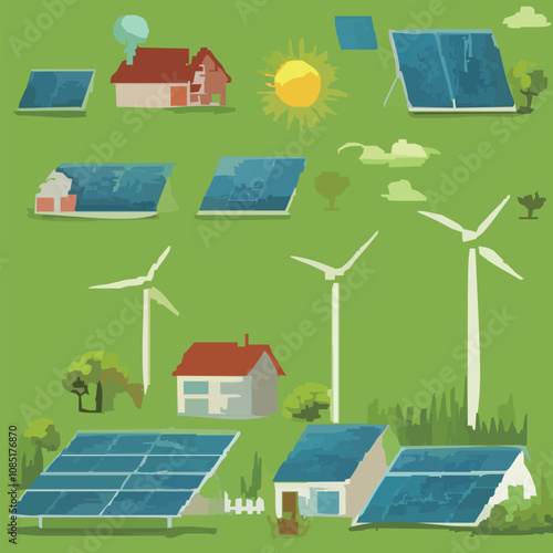 輝く太陽と点在するソーラーパネル・自然エネルギーのイメージ のベクターイラスト