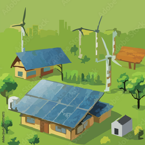 ソーラーパネルを設置したエコな一軒家と風力発電のある風景 のベクターイラスト