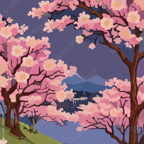 華やかな桜と山の景色のベクターイラスト