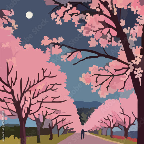 華やかな桜と月の景色のベクターイラスト