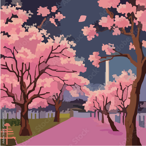 華やかな桜と道の景色のベクターイラスト