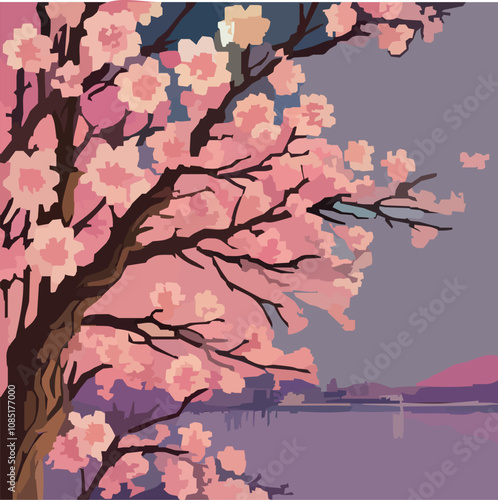 華やかな桜とピンクの山の景色のベクターイラスト