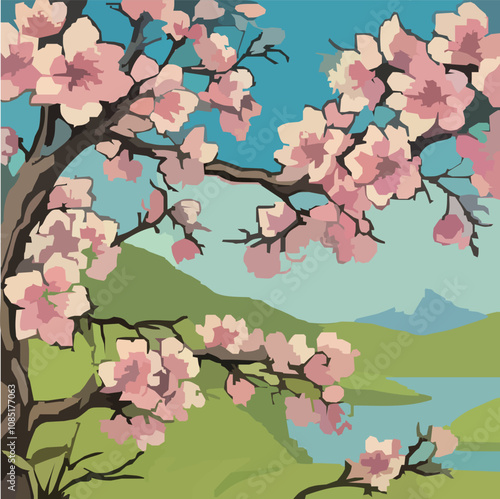 満開の桜と春の風景 - 日本の春を感じさせるイラスト 