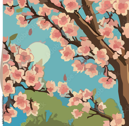 空と月と桜 - 幻想的な春の風景イラスト 