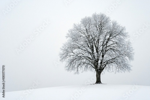 Lonely Tree in a Snowy Landscape Under a Foggy Sky