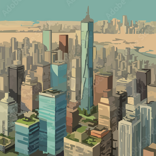 Panoramic City Skyline with Skyscrapers Aerial View Illustration